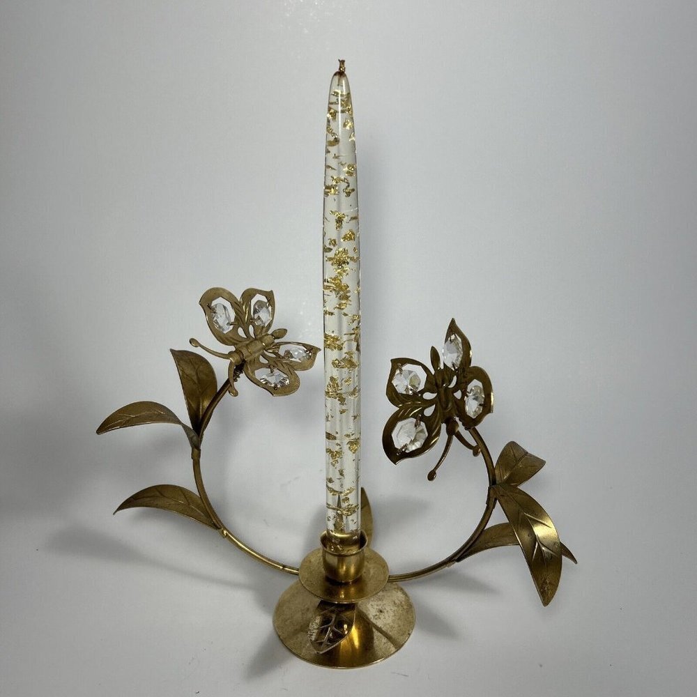 Lucite Gold Foil Flakes Candlestick w/ Brass Butterfly Holder Crystal Wings